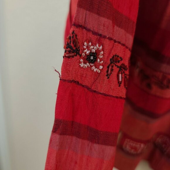 Chico's Design Shirt Womens Medium Red Silk Embroidered Beaded Button Up Casual - Picture 6 of 12